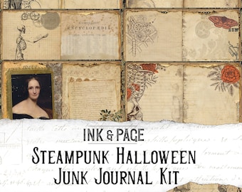 May include: A digital collage kit for junk journals featuring a steampunk Halloween theme. The kit includes images of gears, skeletons, roses, and other vintage-inspired elements. The text "INK & PAGE STEAMPUNK HALLOWEEN JUNK JOURNAL KIT" is visible in the center of the image.