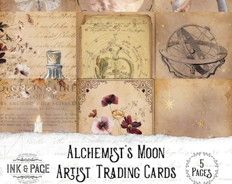 May include: A set of five vintage-style trading cards featuring illustrations of a moon, flowers, a celestial globe, and a moth. The cards are printed on textured paper with a distressed look and have a title that reads "Alchemist's Moon Artist Trading Cards & Papers".