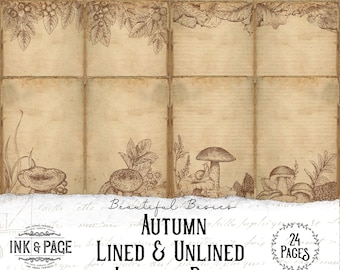 Printable Autumn Junk Journal Lined and Blank Pages, Neutral Papers, Nature, Tea Stained, Fall Foliage Digital Download, Botanical Mushroom