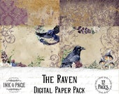 The Raven Printable Paper Pack, Junk Journal Digital Download, Birds and Nature, Scrapbook Paper, Gothic Halloween, Dark Academia, Collage
