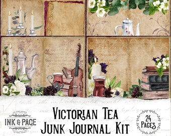May include: A digital junk journal kit with 24 pages featuring a Victorian tea theme. The kit includes images of teacups, books, flowers, candles, and musical instruments. The text "Victorian Tea Junk Journal Kit" and "24 Pages" is included in the image.