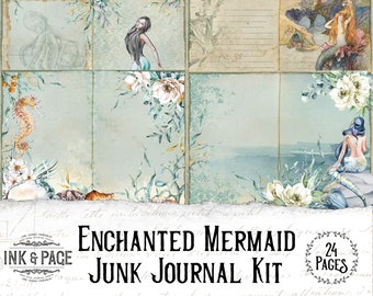 Enchanted Mermaid Junk Journal Printable Kit, Vintage Ocean Ephemera Pack, Sea Creatures Scrapbook Paper, Shells Beach Digital Download