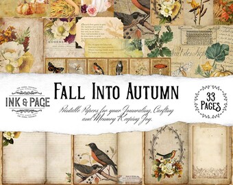 May include: A digital paper pack with 33 pages featuring autumn-themed illustrations. The pack includes images of birds, leaves, pumpkins, and other fall elements. The title of the pack is "Fall Into Autumn".