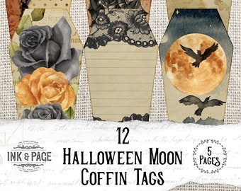 Halloween Moon Coffin Tags, Printable Junk Journal Ephemera, Spooky Gift Tags, Gothic, Scrapbooking, Digital Download, Halloween Decor