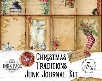 Könnte beinhalten: Ein digitaler druckbarer Junk Journal Kit mit 24 Seiten zum Thema Weihnachten. Das Kit enthält Bilder eines roten Hauses, eines Weihnachtsbaums, eines Strumpfes, eines Fensters und einer Laterne. Der Text "Joy Christmas Traditions Junk Journal Kit" ist im Bild enthalten.