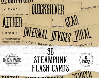 Cartes Flash imprimables Steampunk en téléchargement numérique Cartes de mots pour journal indésirable Journalisation vintage éphémères feuilles de collage grunge papier industriel