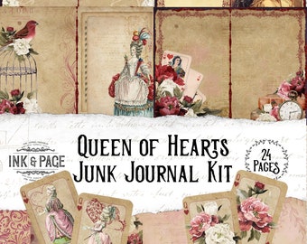 Queen of Hearts Printable Junk Journal Kit, Valentine's Day, Vintage Ephemera Pack, Shabby Chic, Victorian Digital Download, Scrapbooking