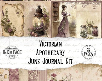 Viktoriansk apotekare skräpjournal utskrivbar kit antik efemera vintage mörk akademi digital nedladdning grön häxa örtgrimoire BoS Bujo