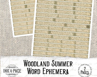 Woodland Summer Printable Word Ephemera, Inspiration Phrases, Script, Serif, Forest Printable, Junk Journal Ephemera Pack, Digital Download