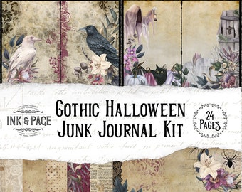 May include: A digital collage kit with 24 pages featuring a gothic Halloween theme. The kit includes images of ravens, skulls, pumpkins, and other spooky elements. The text "Gothic Halloween Junk Journal Kit" and "24 Pages" is included in the image.