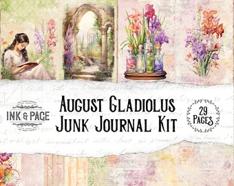 August Junk Journal Printable Kit Shabby Chic Scrapbook Paper Vintage Journaling Supplies Bullet Journal Monthly Spread Birthday Gift Bujo