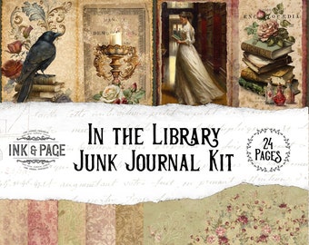 Op de afbeelding: Een digitale collagekit voor junk journaling met 24 pagina's met afbeeldingen van boeken, kaarsen, raven en bloemenpatronen. De kit heeft de titel "In the Library Junk Journal Kit".