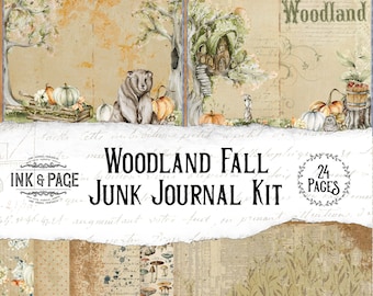 Woodland Fall Junk Journal Printable Kit, Vintage Forest, Shabby Chic Digital Download, Nature Collage, Autumn Pumpkins, Scrapbook Paper