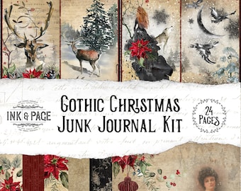 Gothic Christmas Junk Journal Printable Kit, Vintage Winter Ephemera Pack, December Daily Digital Download, Witchy Holiday Gift Tags, Bujo