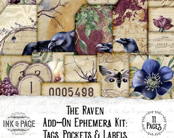 The Raven Printable Gothic Tags, Pockets, Labels, Junk Journal, Ephemera Pack, Dark Academia, Witchy Halloween, Digital Download, Grimoire