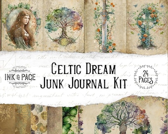 Celtic Dream Junk Journal Printable Kit, St. Patrick's Day Ephemera, Ireland Digital Download, Green Papers, Dark Academia, Bullet Journal
