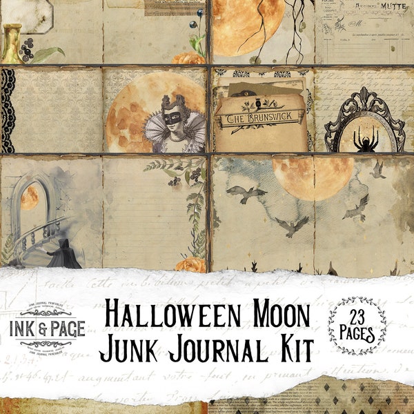 Hermoso kit de diario basura imprimible de Halloween Moon, gótico, efímera vintage de Halloween, papel de álbum de recortes de otoño, otoño, calabazas