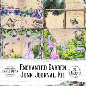 Enchanted Garden Printable Junk Journal, Fairy Digital Download, Vintage Ephemera Pack, Whimsical, Magical Scrapbook Paper, Pastel, Purple image 1