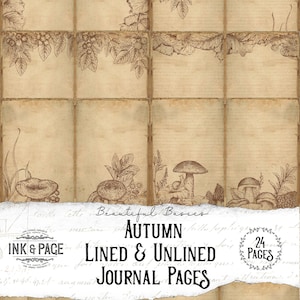 Giornale spazzatura autunnale stampabile Pagine foderate e vuote, Carte neutre, Natura, Macchiato di tè, Fogliame autunnale Digital Download, Fungo botanico