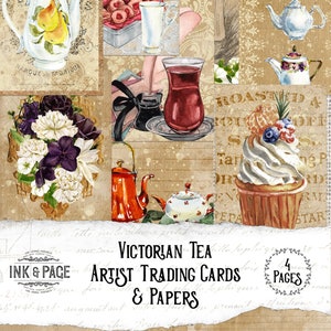 May include: A collage of vintage images featuring teapots, teacups, flowers, and a dessert. The text "Victorian Tea Artist Trading Cards & Papers" is printed on the bottom of the collage. The text "4 Pages" is printed in a circle on the right side of the collage.