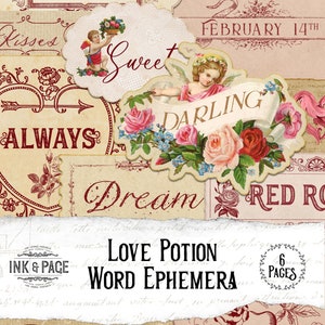 Valentijnsdag Afdrukbaar Woord Ephemera Pack, Love Potion, Vintage Junk Journal, Roze Shabby Chic Digitale Download, Scrapbook Papier, Ambachten