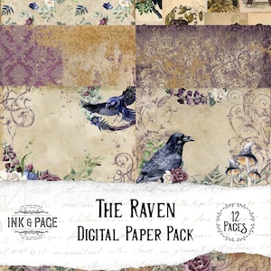 The Raven Printable Paper Pack, Junk Journal Digital Download, Birds and Nature, Scrapbook Paper, Gothic Halloween, Dark Academia, Collage