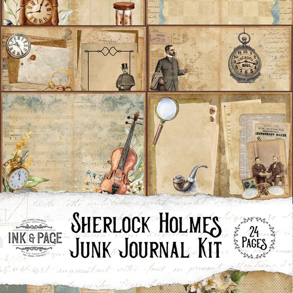 Sherlock Holmes Junk Journal Printable Kit, Vintage Detective Digital Download, Mystery Ephemera Pack, Bullet Journal, Masculine Collage