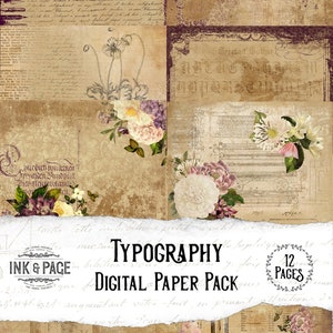 Typografie Printable Paper Pack für Junk Journals, Bullet Journals & Scrapbooking, Digital Download, Dark Academia, Vintage Ephemera, Grunge