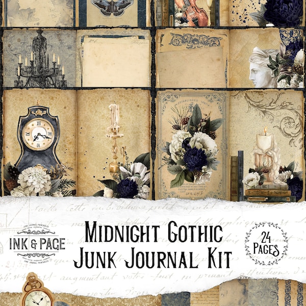 Midnight Gothic Printable Junk Journal Kit, Vintage Ephemera, Dark Academia, Witchy Tags, Goth Scrapbook Paper, Digital Download, Navy Blue