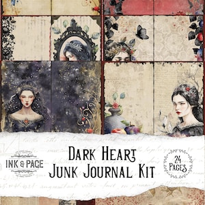 Dark Heart Junk Journal Druckbares Kit, Gothic Valentinstag Vintage Ephemera, Schneewittchen Digital Download, Dark Academia, Fairytale Bujo