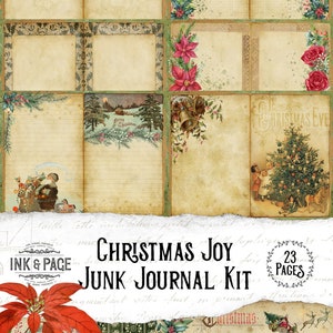 Christmas Joy Junk Journal Kit, Afdrukbare vakantie Ephemera, Vintage Tags, Digitale download, Rood papier, Groen, December Daily, Craft Supplies