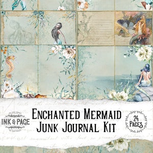 Kit imprimible de Diario de basura de sirena encantada, Paquete efímero vintage del océano, Papel de álbum de recortes de criaturas marinas, Descarga digital de Shells Beach