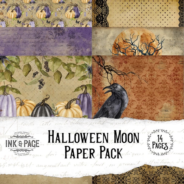 Halloween Digital Paper, Vintage Moon, Purple Junk Journal Kit, Pumpkin, Striped Digital Paper Pack,  Scrapbook, Shabby, Grunge, Damask