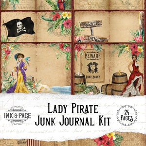 Kit para impressão do Lady Pirate Junk Journal, ilha tropical, mar do tesouro, náutico vintage, pacote de coisas efêmeras, download digital, papel do oceano