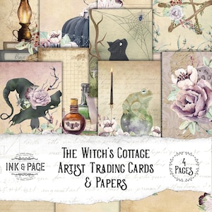 The Witch's Cottage Artist Trading Cards, ATC Ephemera Pack, Dark Academia, Descarga digital, Adornos de Halloween, Libro de las Sombras