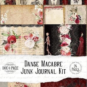 Puede incluir: Un kit de diario de chatarra digital de 24 páginas con un tema gótico. El kit incluye imágenes de esqueletos, mariposas, flores y una mujer con un vestido rojo. El título del kit es "Danse Macabre Junk Journal Kit".