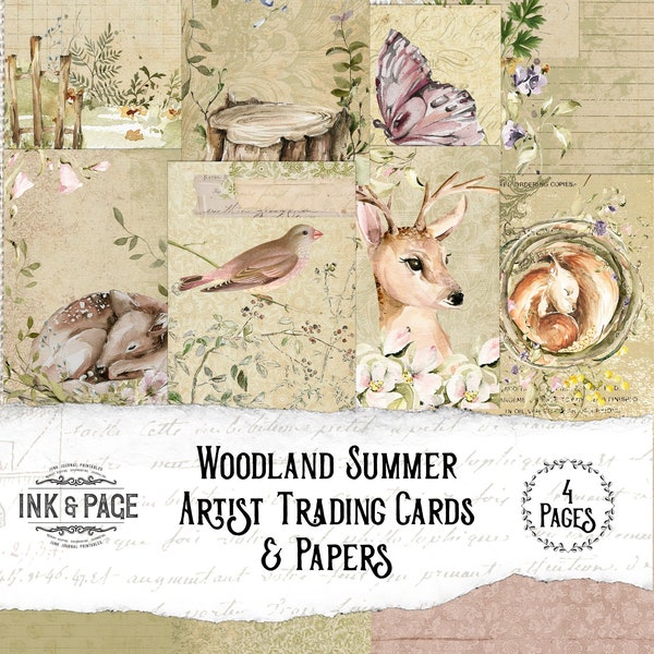 Woodland Summer Artist Trading Cards, Printable ATCs, Junk Journal Ephemera Pack, Digital Download, Forest Fairytale, Vintage Woods, Shabby