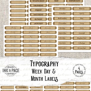 Etichette stampabili tipografiche giorno e mese per riviste spazzatura, bullet journal e scrapbooking, macchina da scrivere, script, vuoto, download digitale