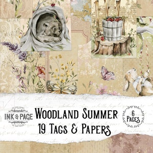 May include: A digital collage sheet with 19 tags and papers featuring woodland animals, flowers, butterflies, and vintage text. The title "Woodland Summer" and "6 Pages" are included in the design.