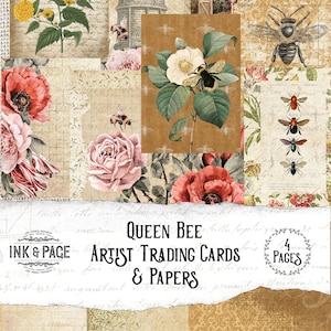 Queen Bee ATCs Afdrukbare Artist Trading Cards Vintage Honeybee Junk Journal Nature Summer Garden Ephemera Digital Download Scrapbook Paper