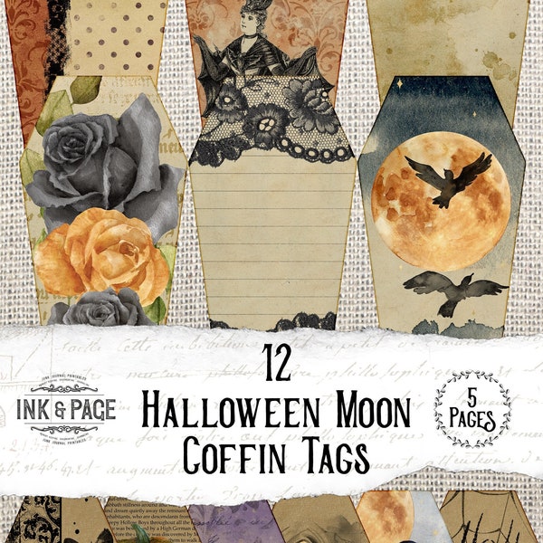 Halloween Moon Coffin Tags, Printable Junk Journal Ephemera, Spooky Gift Tags, Gothic, Scrapbooking, Digital Download, Halloween Decor