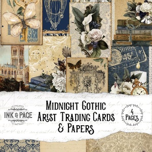 May include: A set of four vintage-style trading cards featuring a gothic theme. The cards feature images of a key with a butterfly, an angel, a floral arrangement, and a cross. The cards are printed on textured paper with a distressed look. The text "Midnight Gothic Artist Trading Cards & Papers" is printed on the bottom of the image.