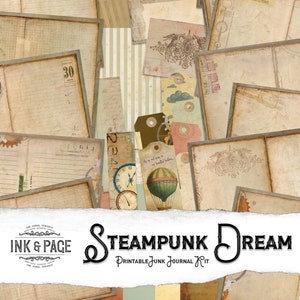 Steampunk Junk Journal Kit, Vintage Ephemera, Printable Travel Journal, Collage Sheet,  Digital Download