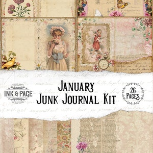 Januar Junk Journal Printable Kit Geburt Monat Shabby Chic digitaler Download Vintage viktorianische Ephemera Nelken Blume Scrapbook Papier
