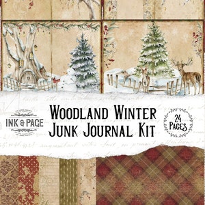 Woodland Winter Junk Journal Printable Kit, vintage Christmas Ephemera Pack, Shabby Chic Digital Download, Forest Animals, Holiday Bujo