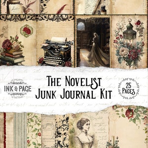 The Novelist Junk Journal Printable Kit Victorian Lady Writer Ephemera Library Vintage Typewriter Book Bujo Dark Academia Digital Download