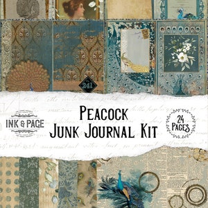 Peacock Junk Journal Printable Kit, Vintage Bird Digital Download, Dark Academia Ephemera Pack, Feathers Scrapbook Paper, DIY Craft Supplies