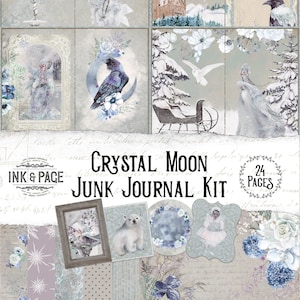 Crystal Moon Junk Journal Afdrukbare Kit, Snow Fairy Digitale Download, Vintage Winter Ephemera Pack, Pastel Kerst Shabby Chic Bujo Papier