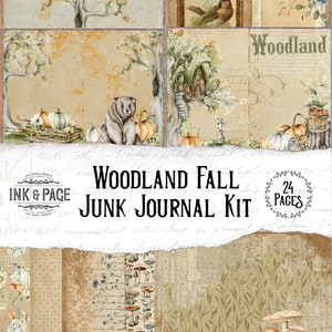 Woodland Fall Junk Journal Printable Kit, Vintage Forest, Shabby Chic Digital Download, Nature Collage, Autumn Pumpkins, Scrapbook Paper