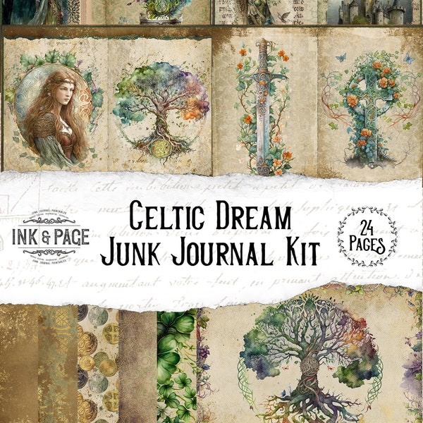 Celtic Dream Junk Journal Printable Kit, St. Patrick's Day Ephemera, Ireland Digital Download, Green Papers, Dark Academia, Bullet Journal